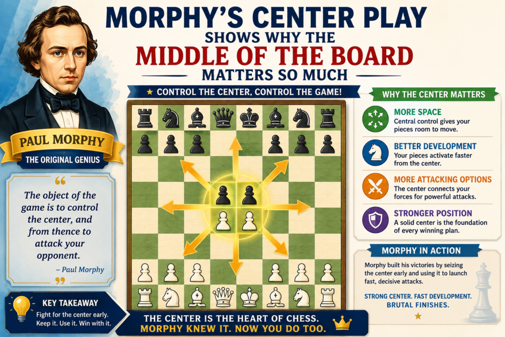 The center is the heart of the chessboard. Pieces placed near the center often have more choices. Knights can jump to more squares. Bishops can reach both sides. Queens and rooks can move faster when lines open. Morphy understood this deeply, and his games often show strong center play from the very start.