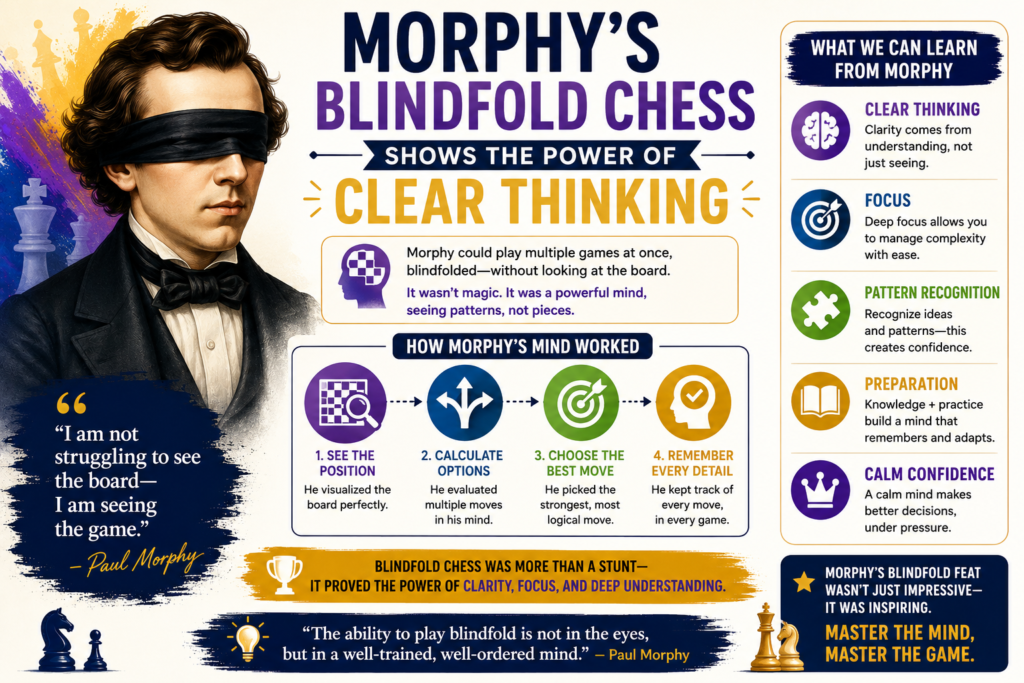During his time in Paris, Morphy gave a famous blindfold display against eight strong players. Britannica notes that he won six games and drew two in that event. Blindfold chess means the player does not look at the board. They must hold the whole position in their mind.