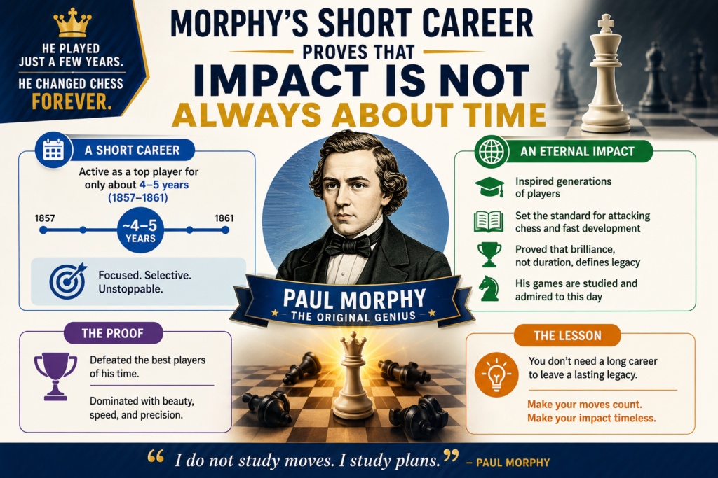 Morphy’s public chess career was very short. Britannica says it lasted less than two years, yet in that time he became the leading player in the world. After returning to the United States in 1859, he issued a challenge to face any player in the world at odds of pawn and move. When no one answered, he left public chess.