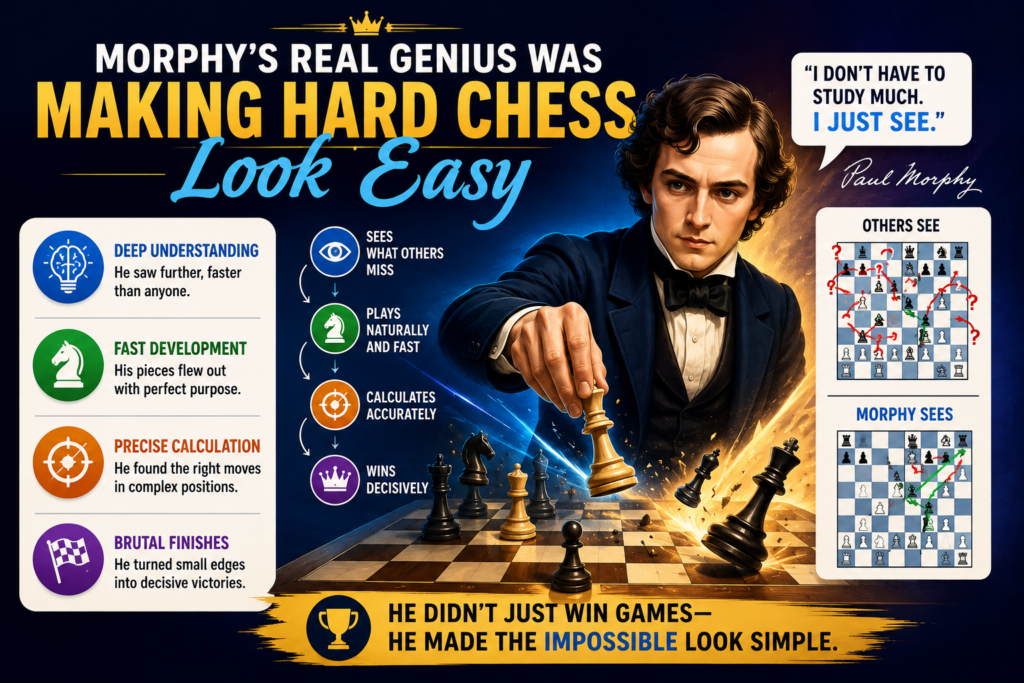 When people call Morphy a genius, they often think of his sacrifices and checkmates. Those were amazing, but the deeper genius was his clarity. He made strong chess look simple because his ideas were clean.