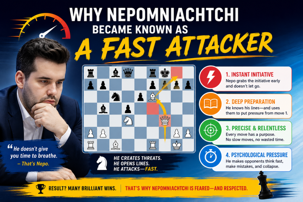 Ian Nepomniachtchi does not only play fast on the clock. He also plays fast in the mind. That is the real reason he feels so hard to stop. Many strong players need time to build a plan, improve pieces, and wait for the right moment.