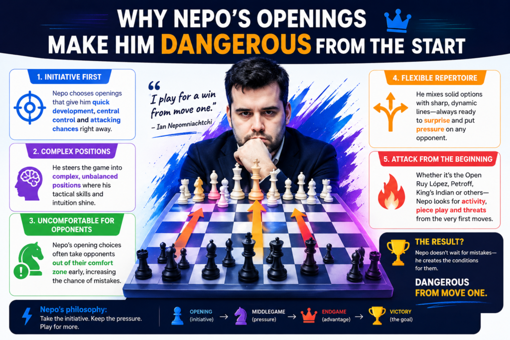 Nepo is dangerous because he does not wait until move 25 to start asking hard questions. His opening choices often lead to rich positions where both sides must think. He likes positions with life in them. He is not only trying to “get a normal game.” He is trying to create a game where his speed, feel, and attacking eye can matter.