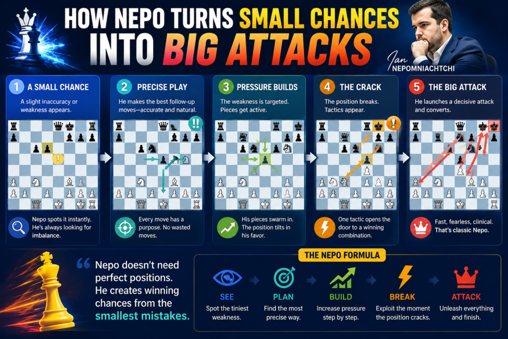 The scariest thing about Nepo is not that he attacks when everything is clear. Many players can attack when the other king is already weak. Nepo is scary because he attacks when the weakness is still small.