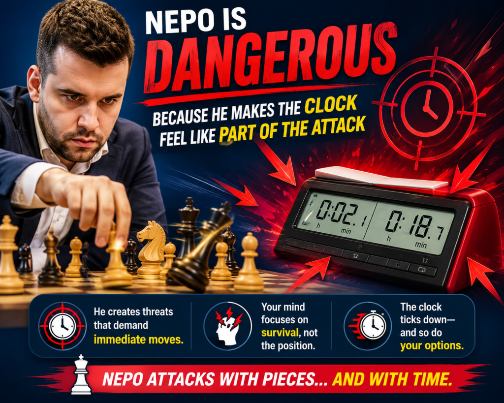 One reason Ian Nepomniachtchi is so hard to play against is that he often puts pressure on two places at once. He attacks the board, and he attacks the clock. This does not mean he is trying to “flag” his opponent in a cheap way.