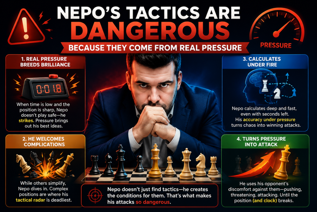 Nepo is famous for sharp tactics, but his best tactics do not come from thin air. They usually come after he has made the opponent’s position hard to hold. This is important for young players to understand. A tactic is easier to find when your pieces are active and the enemy king is not fully safe.