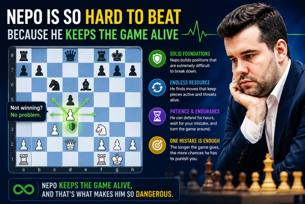 Some players are dangerous only when they get the kind of position they love. If they do not get it, they become quiet. Nepo is different. He can keep life in the game for a long time. Even if the opening does not give him a direct attack, he often finds small ways to create pressure.