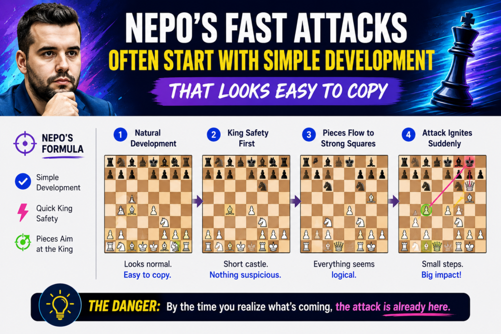 One reason Nepomniachtchi’s chess is so useful for students is that many of his attacks begin with very normal moves. He develops pieces, castles, puts rooks on useful files, and keeps the center ready to open. None of that sounds fancy. But when he does it, every move seems to carry a hidden warning.