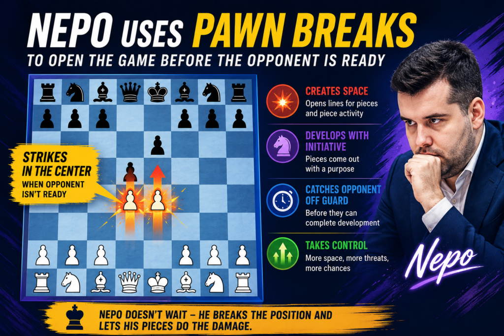 Many of Nepomniachtchi’s dangerous moments come from pawn breaks. A pawn break is when a player pushes a pawn to challenge the opponent’s pawns and open lines. This may sound small, but it can change the whole game. One pawn move can open a file for a rook, a diagonal for a bishop, or a path for the queen.