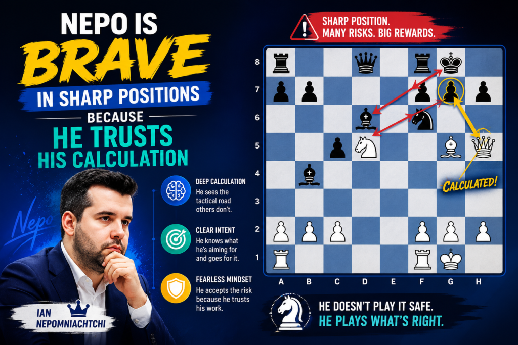 Sharp positions can scare many players. Pieces are hanging. Kings may be weak. One wrong move can lose the game. Nepomniachtchi often looks comfortable in these moments because he has trained his mind to handle them.