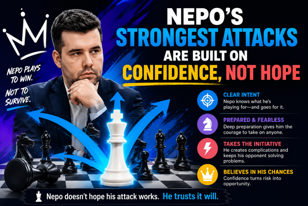 There is a big difference between confidence and hope in chess. Hope says, “Maybe my opponent will miss this.” Confidence says, “I have checked the danger, and my move makes sense.” Nepomniachtchi’s attacks are dangerous because they often come from confidence.