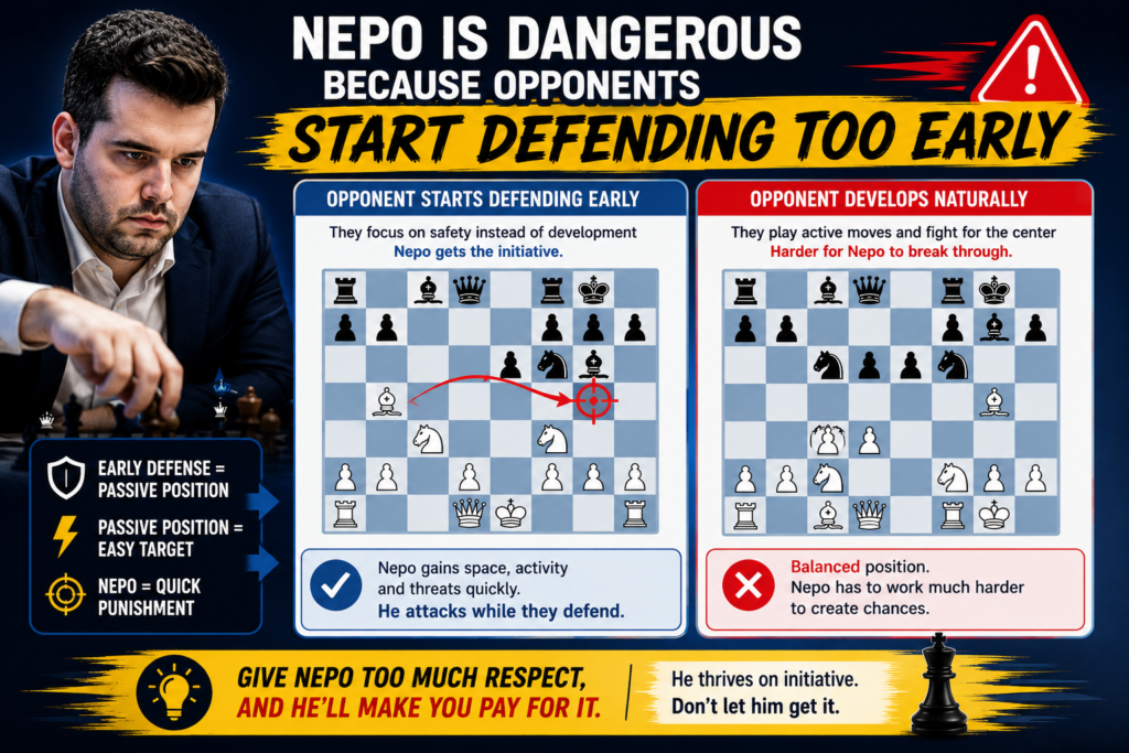 One of the quiet secrets of Nepomniachtchi’s style is that he often makes opponents feel unsafe before they are truly lost. This is a powerful skill. In many games, the position may still be equal, but the other player feels under attack.