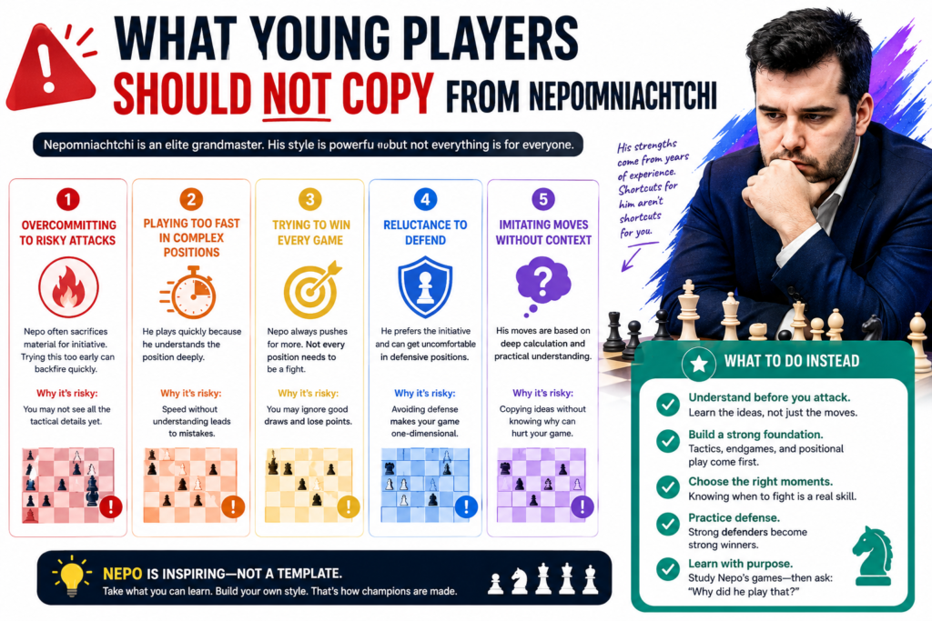 Nepo is a great player to study, but students should not copy everything he does without care. This is very important. A world-class grandmaster can enter sharp lines because he has years of preparation, strong calculation, and deep pattern memory. A beginner who copies only the bold moves may get into trouble fast.
