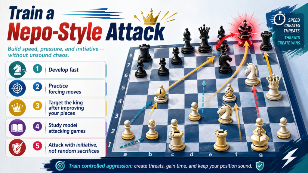 A child does not need to become Nepomniachtchi to learn from him. The goal is not to copy his whole chess life. The goal is to take the parts that help a young player grow. His games can teach speed, focus, courage, piece activity, and pressure. But these skills must be trained in a safe order.