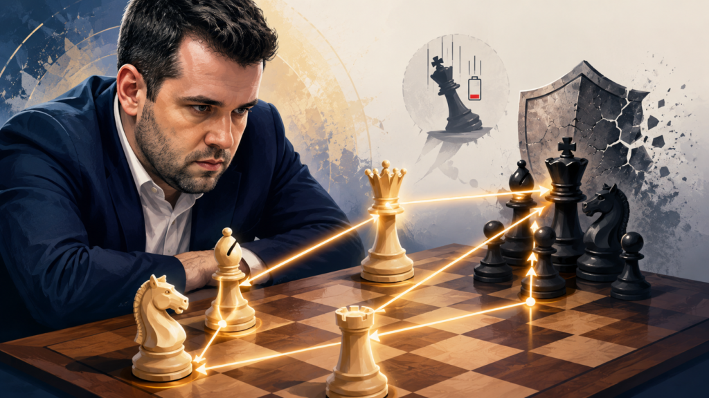 Some players create one threat and hope the opponent misses it. Nepomniachtchi does something much stronger. He often creates connected threats. That means one idea leads to another. If the opponent stops the first threat, a second problem appears. If they stop the second problem, a third weakness may open.