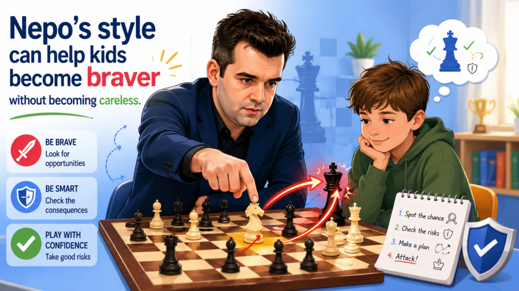 The best part of studying Nepomniachtchi is not only learning attacks. It is learning controlled bravery. Nepo is brave, but his best chess is not blind. He enters sharp positions because he understands them. He plays fast because he has seen many patterns before.