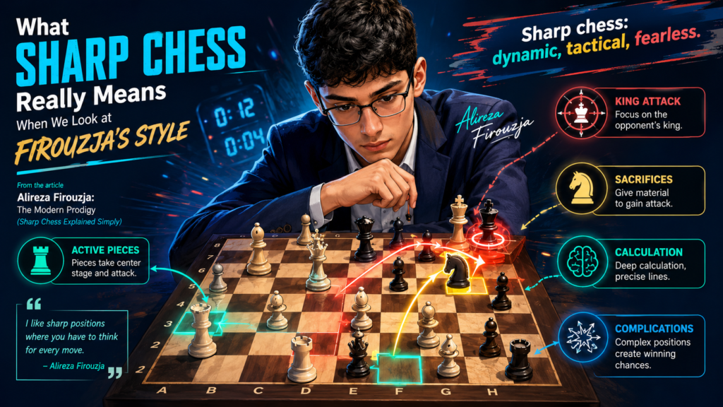Sharp chess does not mean guessing. It does not mean throwing pieces at the king and hoping something works. In strong chess, sharp means the position has many threats, many choices, and very little room for lazy moves. Firouzja is great in these positions because he is comfortable when the game gets tense.