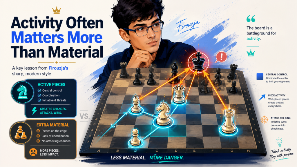 Many young players love counting pieces. They think, “I won a pawn, so I am better.” But chess is not always that simple. A player can win a pawn and still be in trouble if their king is weak or their pieces are stuck. Firouzja understands this very well. He often values active pieces more than small material gains.