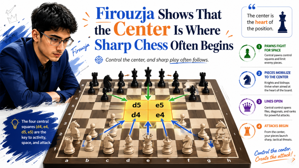 Many young players think an attack starts near the king. They look at the king, move the queen toward it, and hope for checkmate. But strong players know something deeper. Many attacks begin in the center of the board.