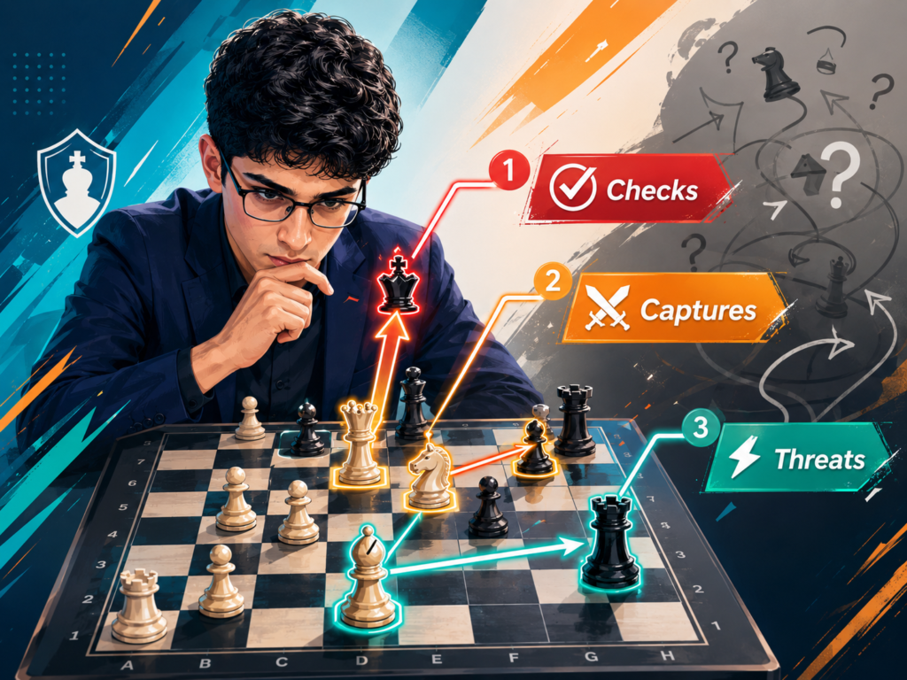 Many kids hear the word “calculation” and think it means seeing ten moves ahead. That sounds scary. It can make chess feel like a test only genius players can pass. But Firouzja’s games show a much better way to understand it. Strong calculation often starts with simple forcing moves.