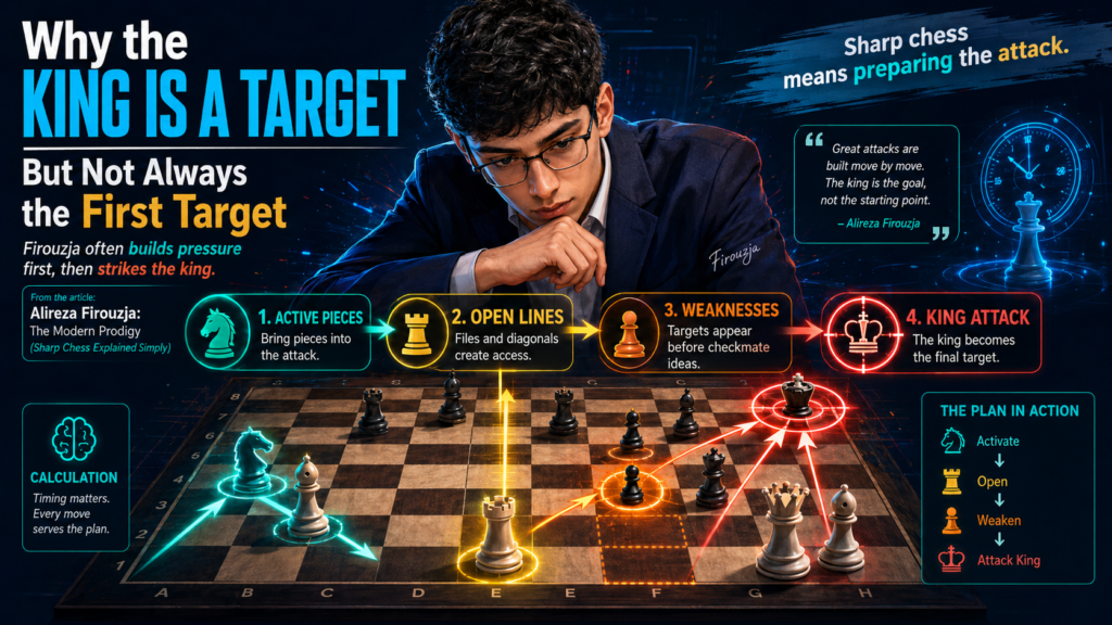 A lot of young players want to attack the king right away. They see the king and think, “I must checkmate.” That energy is good, but it needs direction. Firouzja’s games show that the king is often the final target, not the first one.