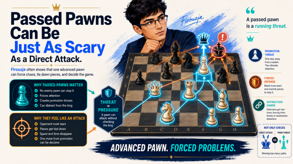 Not every sharp game ends with checkmate. Sometimes the most dangerous thing on the board is a pawn that keeps moving forward. Firouzja understands this very well. In many sharp positions, a passed pawn can pull the whole game in one direction.
