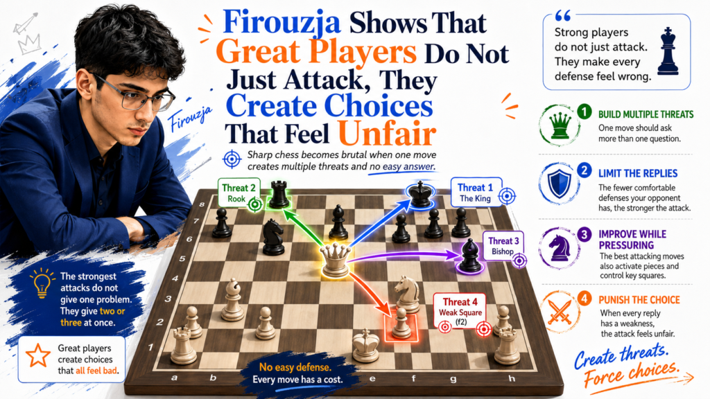 A strong chess move does not always win material right away. Sometimes its job is to make the other player choose between two bad options. This is one of the quiet secrets behind sharp chess. Firouzja often builds positions where the opponent feels trapped, even when nothing has been captured yet.