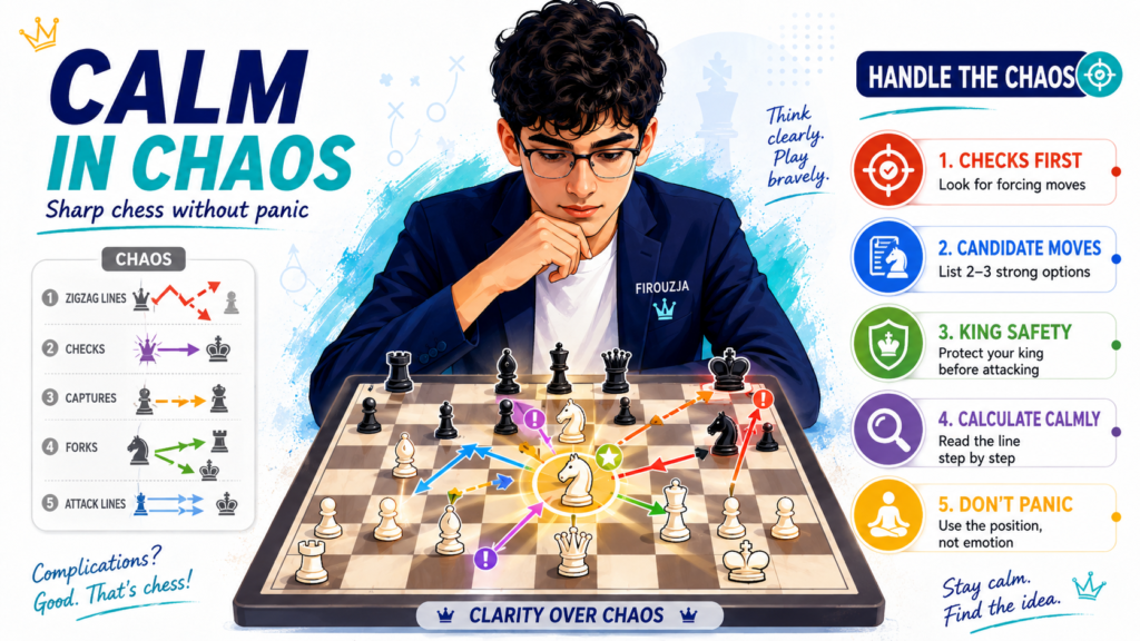 Some chess positions look messy. Pieces are hanging. Kings look unsafe. Pawns are moving. Both players have threats. Many children panic in these moments because they feel the game is out of control.