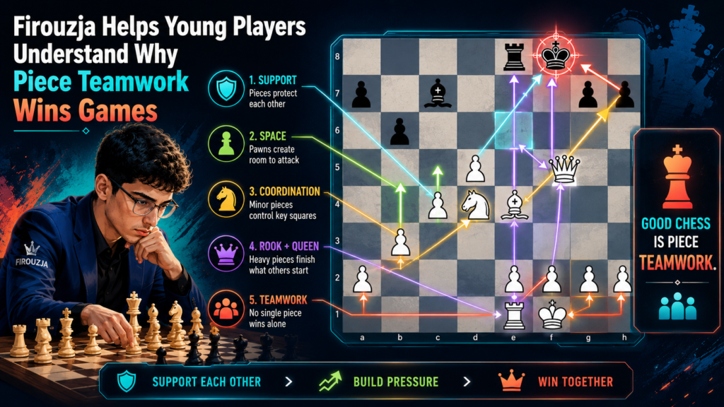 In beginner chess, children often use one piece at a time. The queen attacks alone. The knight jumps alone. The rook waits in the corner. This is normal at the start, but it limits growth.