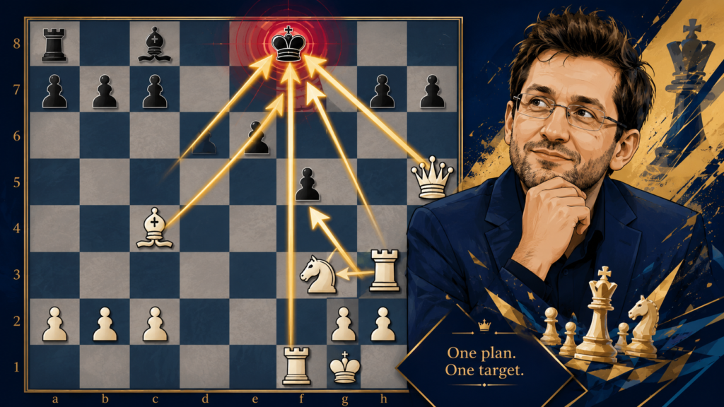 Many players attack with one piece at a time. The queen attacks, then the bishop attacks, then the knight attacks, but they do not work together. Aronian’s attacks feel different because his pieces often seem to tell one story.