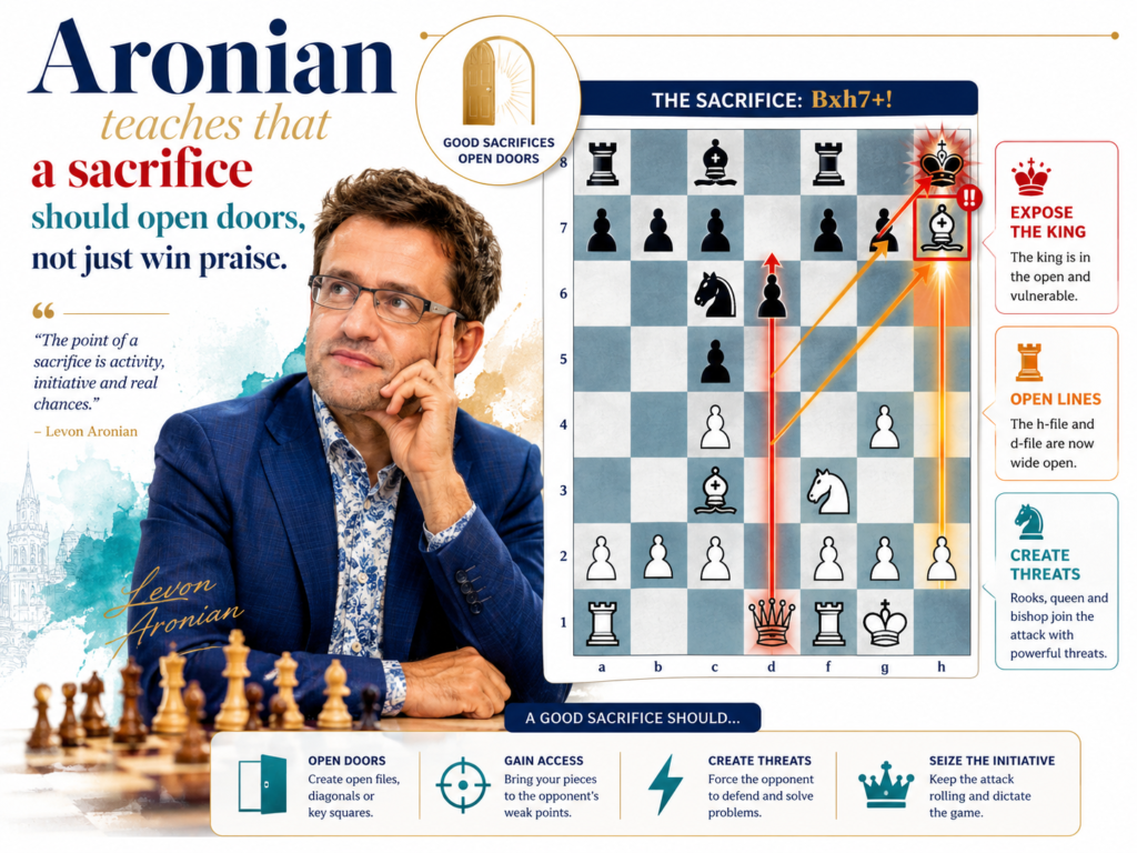 A sacrifice in chess should not be played only because it looks brave. It should change the board in a way that helps your pieces work better. This is one of the clearest lessons from Levon Aronian’s style. He is not just a player who gives up material for drama. 
