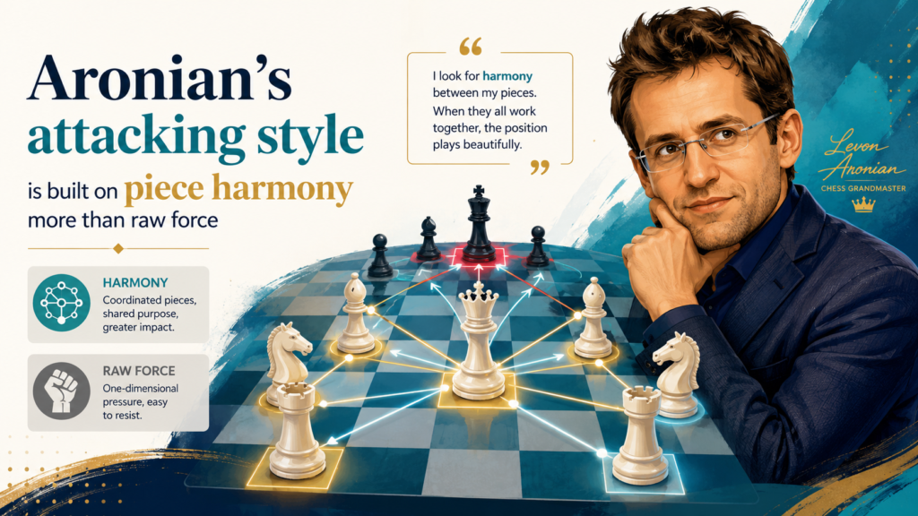 A strong attack is not made by one hero piece. It is made by pieces that help each other. Aronian’s games are full of this kind of harmony. His knight attacks a key square. His bishop removes a defender. His rook opens a file. His queen enters only when the board is ready.
