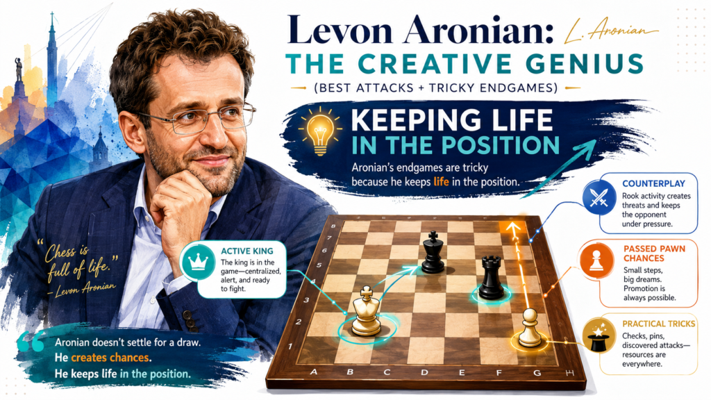 Some players enter the endgame and immediately start looking for a draw. Aronian often does the opposite. He looks for life. He looks for a pawn break, an active king, a better rook, a target on the far side, or one small way to make the opponent uncomfortable.