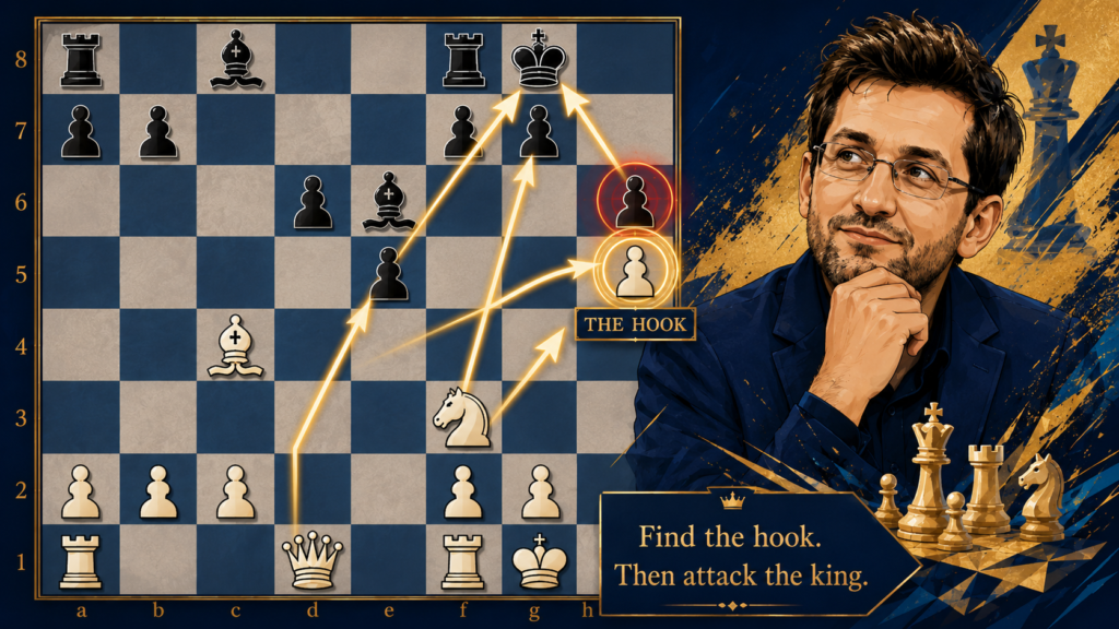 A hook is a pawn or square you can attack to open lines. In simple words, it is the handle you pull when you want to open the enemy king’s cover. Many learners attack the king without a hook, and that makes the attack hard. 