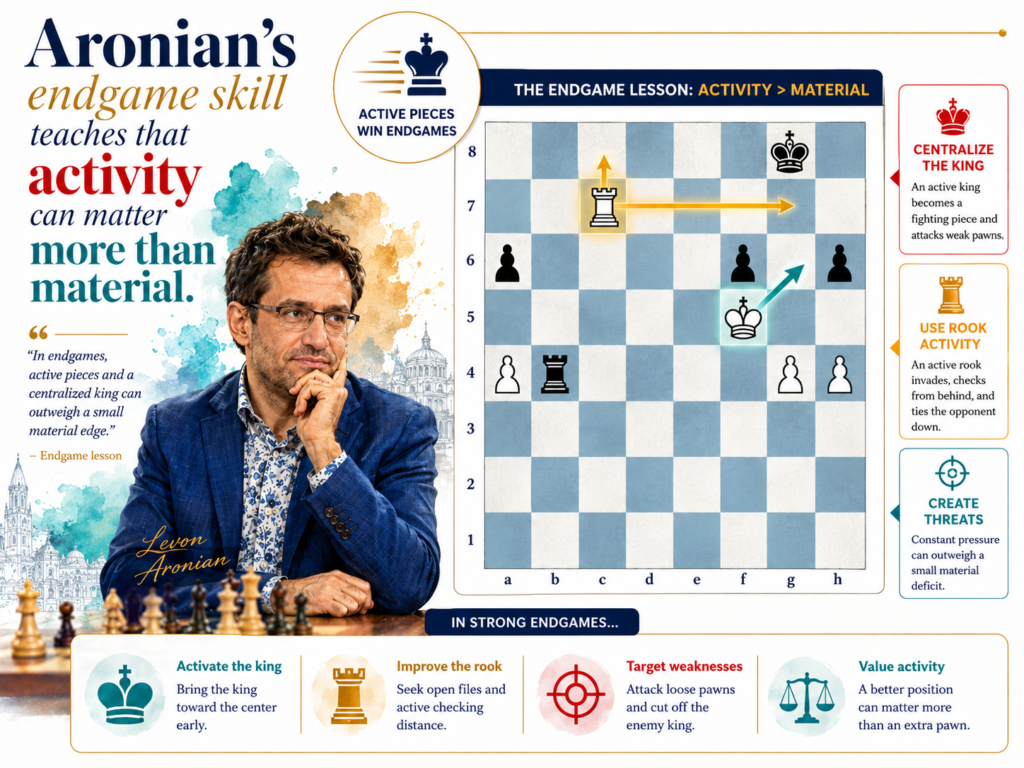 Many players count pawns and think they understand the endgame. But endgames are not only about counting. They are about activity, king position, passed pawns, weak squares, and timing. Aronian’s endgame play is a great model because he often finds ways to keep pressure alive even when the board looks simple.