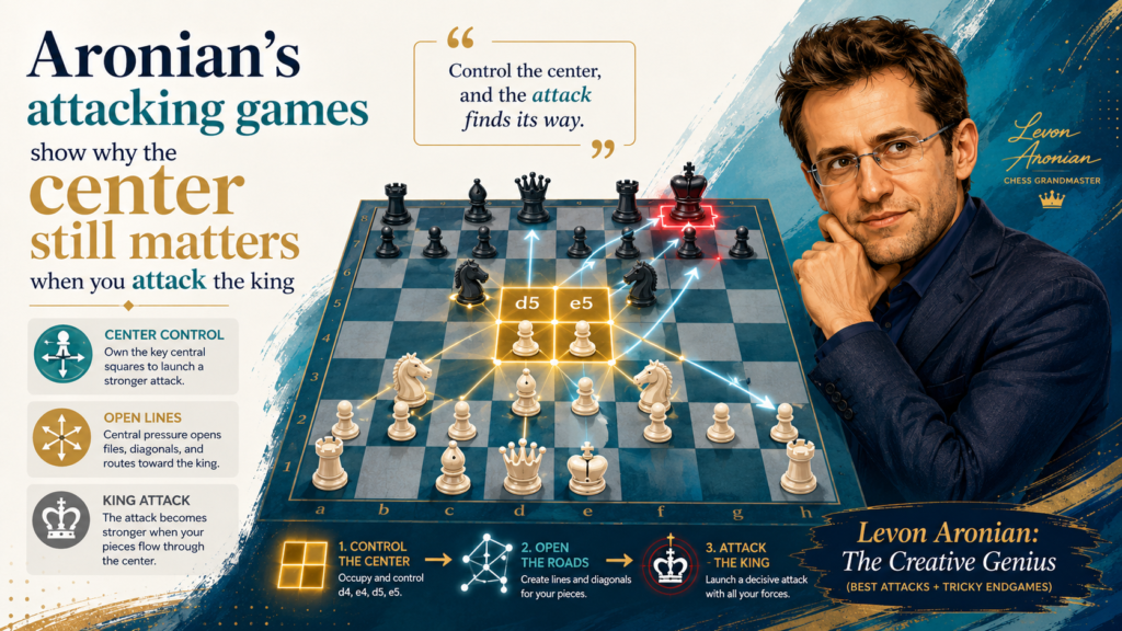 It is tempting to think that a kingside attack is only about the kingside. You move the queen, push the h-pawn, bring a knight close, and look for mate. But Aronian’s games remind us that many successful attacks begin in the center.