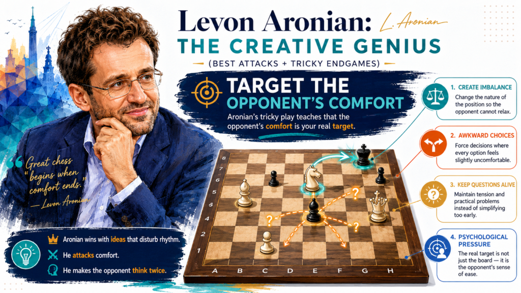 Many chess players only attack pieces and pawns. Aronian often attacks something deeper. He attacks comfort. He creates positions where the opponent cannot find simple moves. The board may not be losing yet, but every choice feels heavy. That is a huge skill because chess is played by humans, not just engines.