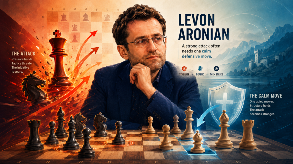 Many players think attack and defense are opposites. They believe that if they are attacking, every move must go forward. Aronian’s games show a more useful truth. Sometimes the best attacking move is a calm defensive move. 