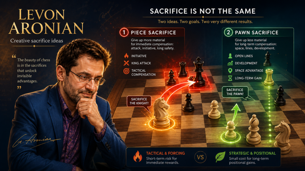 Many students hear the word “sacrifice” and think only about giving up a bishop, knight, rook, or queen. But Aronian’s chess shows that pawn sacrifices can be just as powerful. In fact, a pawn sacrifice is often the safest way to create activity because you give up less material while changing the shape of the game.