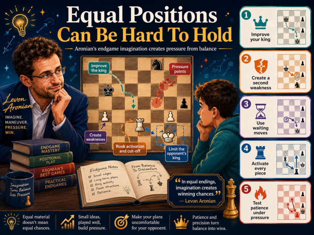 A great endgame player does not only win winning positions. They also make equal positions uncomfortable. This is one of the most useful things to learn from Aronian. He keeps asking questions even when the board looks balanced.