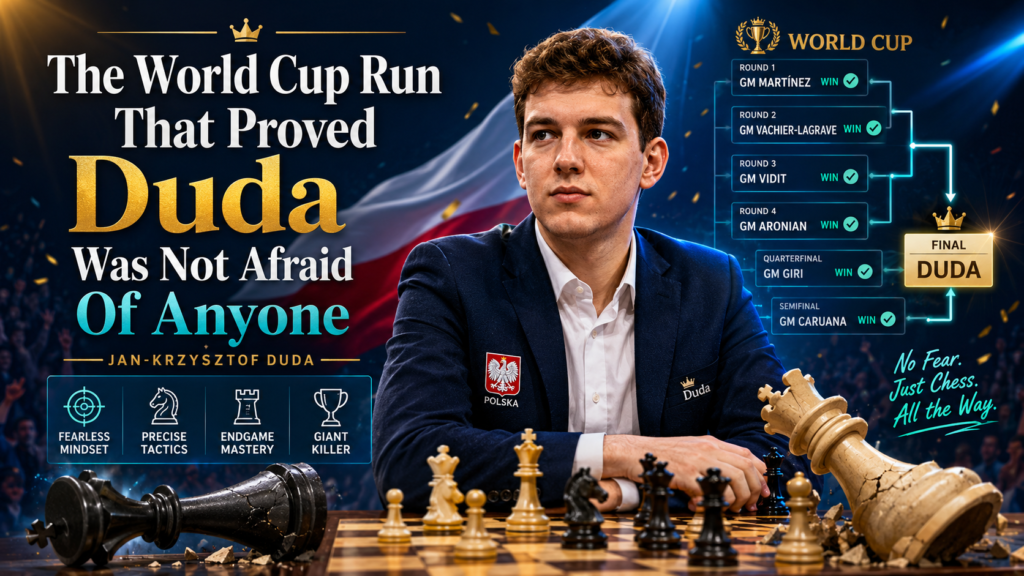 The 2021 FIDE World Cup was one of the biggest moments of Duda’s career. In a knockout event, one bad day can send a player home. You cannot hide. You cannot slowly recover over many rounds like in a normal league-style event. Every match is a test of skill, nerves, and courage.