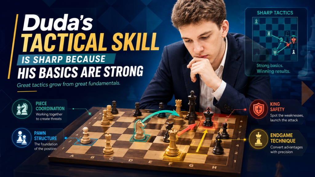 Duda’s tactics are exciting because they do not appear from nowhere. He does not just throw pieces forward and hope something works. His tactics often come from better piece placement, safer king position, and smart pressure.