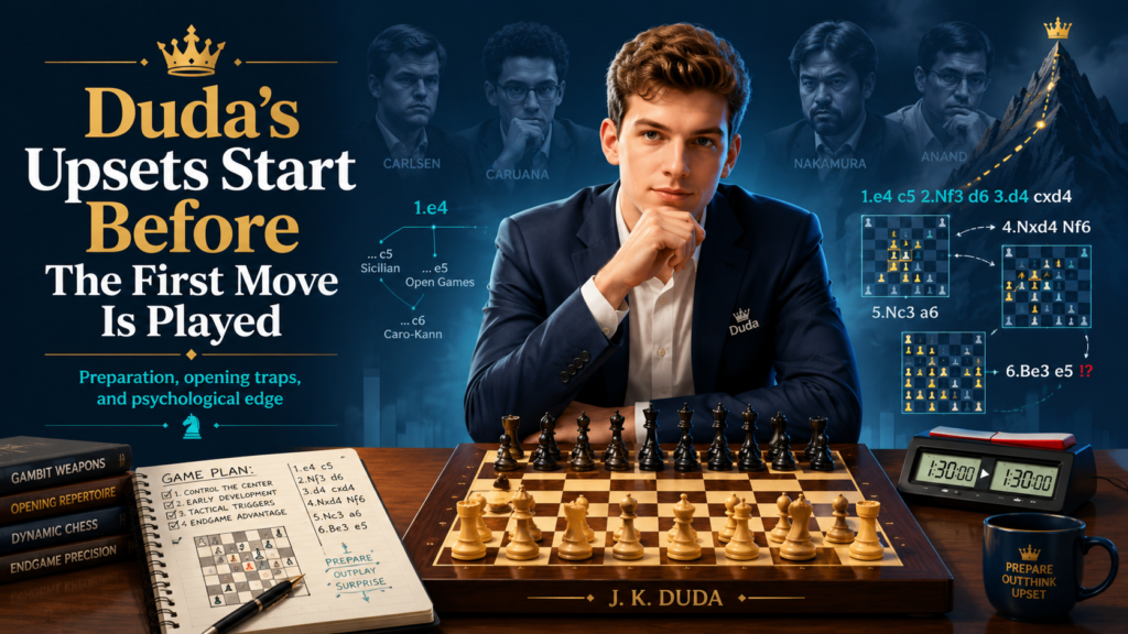 A big upset does not begin when the winning move appears on the board. It begins much earlier. It begins in the way a player prepares, sits, thinks, breathes, and handles pressure. Duda’s best wins show this clearly. He does not treat a stronger player like a monster. He treats him like a puzzle.