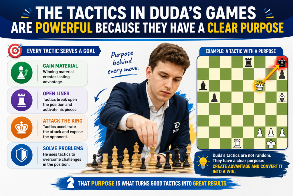 Many young players love tactics, and they should. Tactics make chess exciting. A fork can win a queen. A pin can trap a piece. A sacrifice can open the king. But Duda’s tactics are not random fireworks. They usually come from pressure that has been built with care.