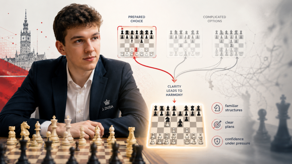 A strong opening is not just about memorizing moves. It is about reaching a position where you know what to do next. Duda’s opening play often shows this idea well. He is not trying to win the game in the first ten moves. He is trying to reach a board he understands better than his opponent.