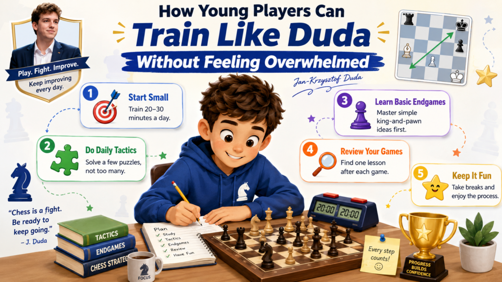 A child does not need to train like a world-class Grandmaster to learn from Duda. That would be too much. The real goal is to copy the habits behind his success in a simple way. Think before moving. Respect every position. Look for tactics with purpose. Defend calmly. Finish endgames with care.