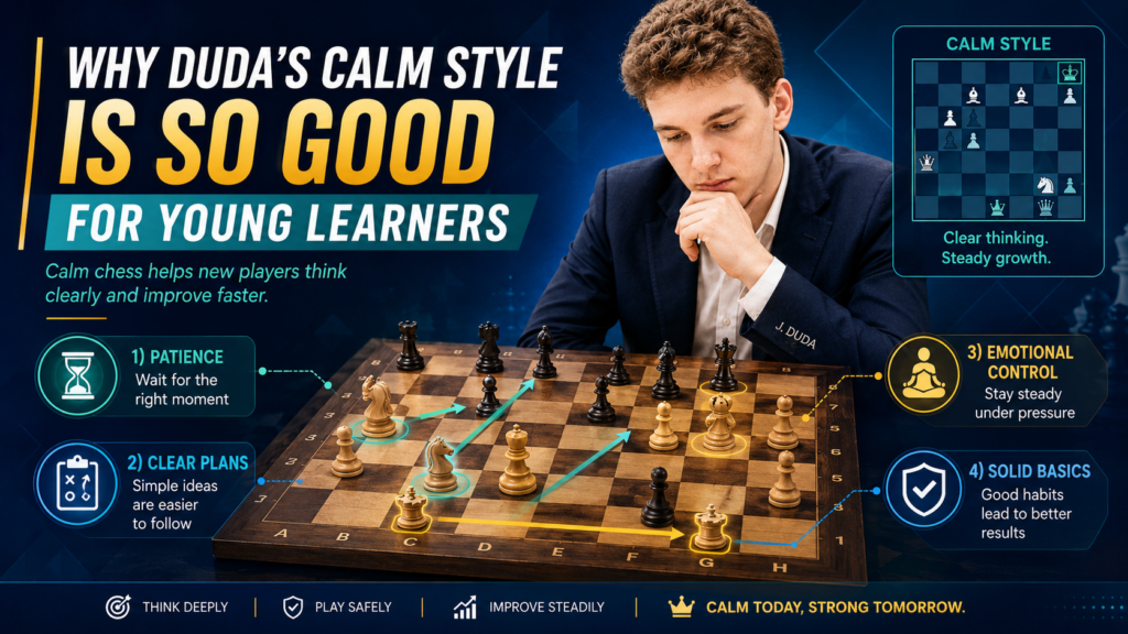Some chess stars look fierce at the board. Some show emotion. Some move fast and create drama. Duda often gives a different picture. He looks calm, even when the position is tense. That calm style is very helpful for children to study.