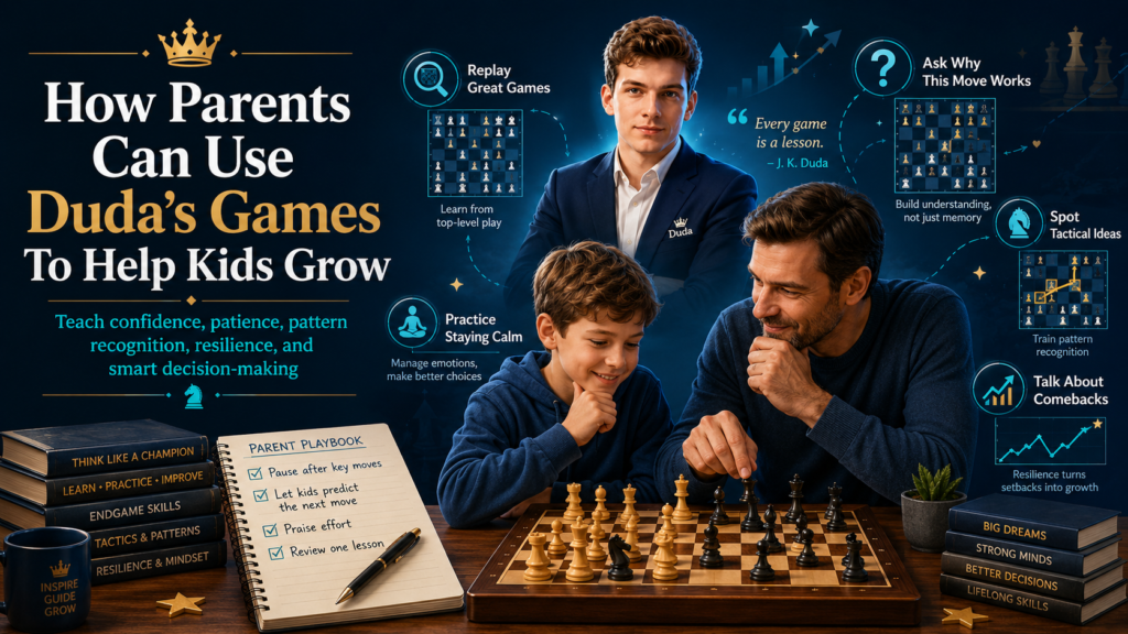 Parents do not need to be chess experts to help their children learn from Duda. They only need to guide the child toward the right lessons. Duda’s games can teach bravery, patience, focus, and smart planning. These are easy ideas to talk about, even if the parent does not know every move.