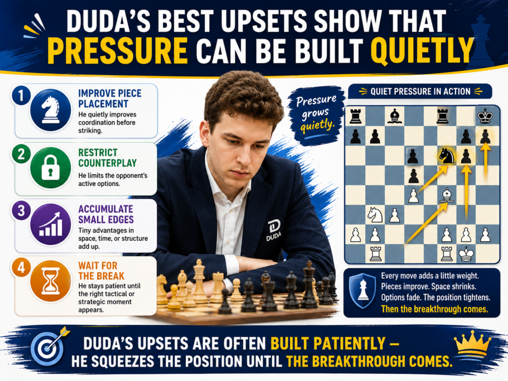 A lot of chess fans think an upset must look wild. They imagine a huge sacrifice, a king hunt, and a crowd gasping at every move. Sometimes that happens. But many great upsets are quieter. A player builds pressure, takes away easy choices, and lets the stronger opponent feel the squeeze.