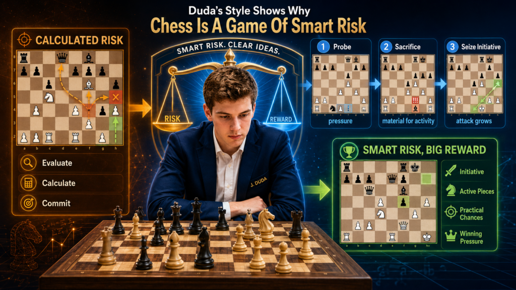 Some children think risk is bad. Others think risk means throwing pieces at the king and hoping for checkmate. Duda’s games show a better idea. Good chess is not about avoiding all risk. It is about choosing the right risk at the right time.