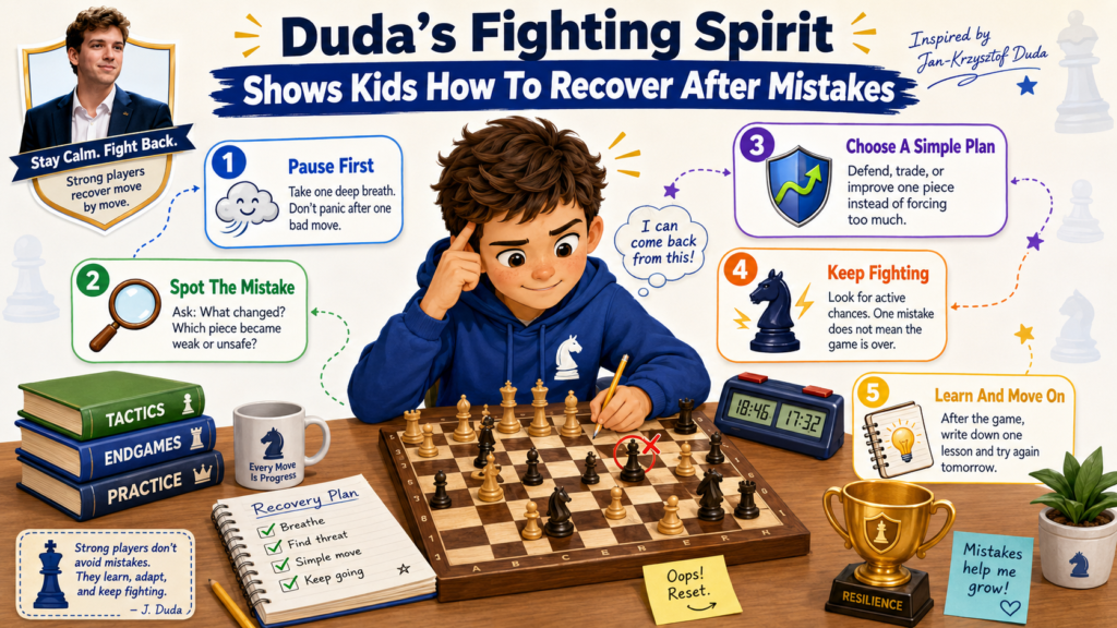 Every chess player makes mistakes. Beginners make them. Club players make them. Grandmasters make them too. The difference is what happens next. Some players give up inside. Some players get angry. Some players rush the next move. Strong players reset and keep fighting.